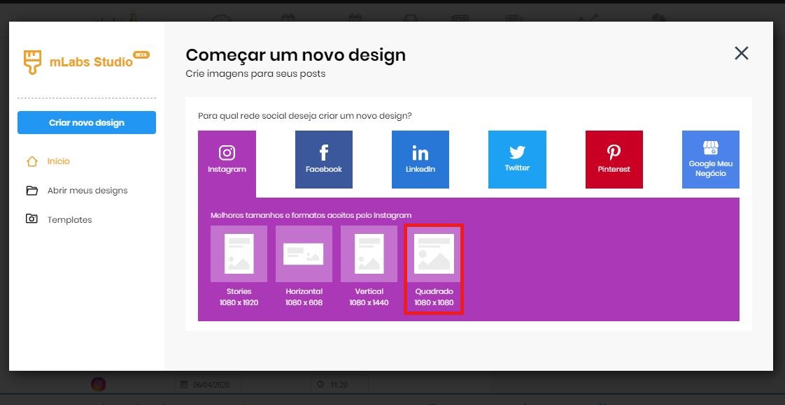 Criar Posts: imagem da tela Studio da mLabs