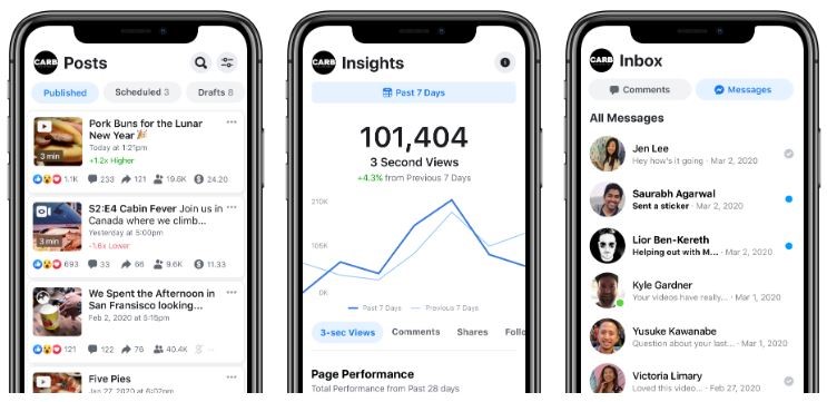 Ultimas novidades do Facebook: imagem de três telas de celulares mostrando o app Creator Studio