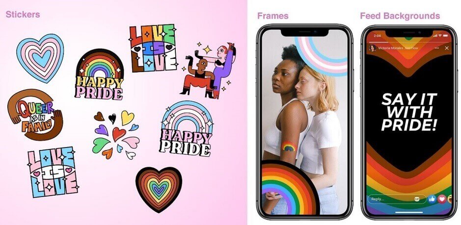 Ultimas novidades do Facebook: imagem de vários adesivos sobre LBT com arco=íris colorido e coração