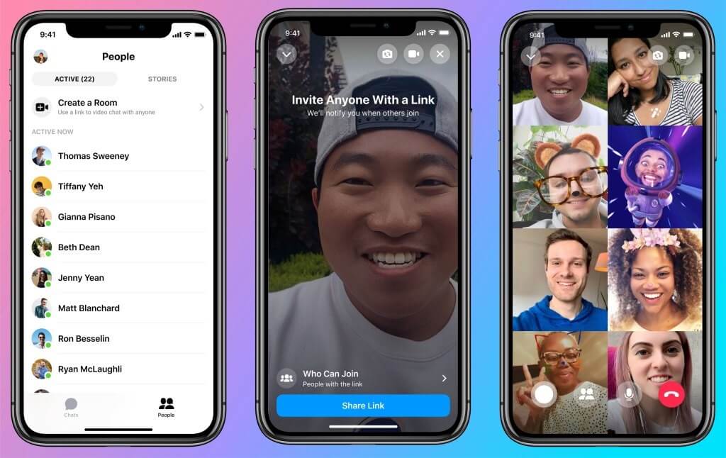 Ultimas novidades do Facebook: imagem de três telas de celulares mostrando o app Messenger Rooms