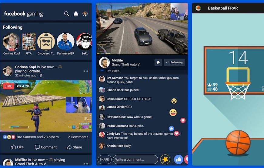 Ultimas novidades do Facebook: imagem de três telas de celulares mostrando o app Twitch