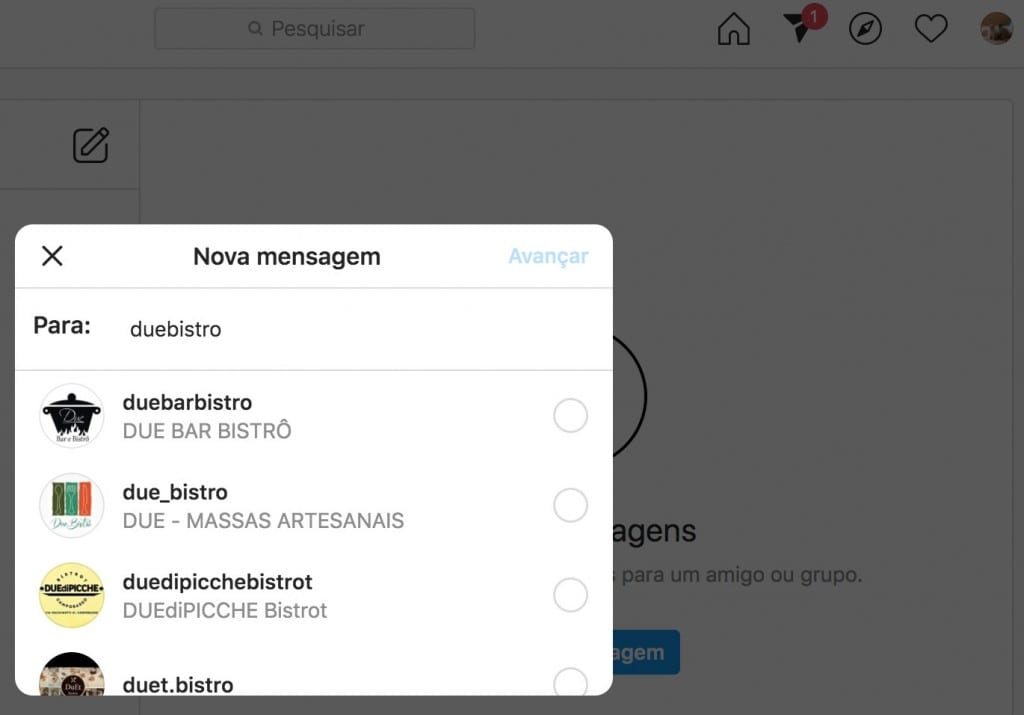 Novidades do Instagram: imagem das mensagens diretas disponíveis na tela do computador