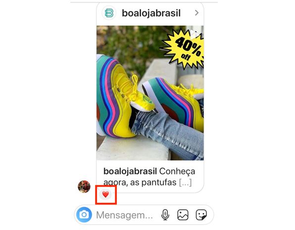 Novidades do Instagram: imagem de uma mensagem na dm com interações de coração disponível
