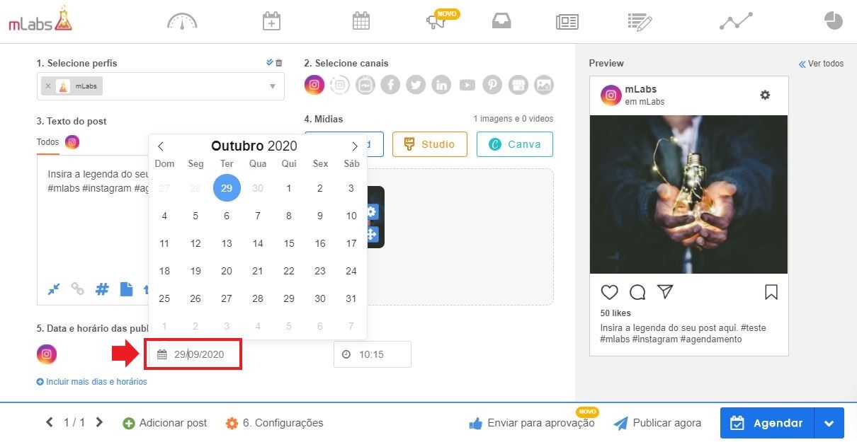 postagem automática instagram: imagem da tela de agendamento indicando onde selecionar a data para agendar a publicação