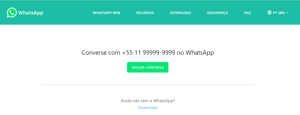 Como colocar link do Whatsapp no Instagram: a arte é um print da tela do Web Whatssap que aparece assim que você coloca o endereço no navegador do seu computador, a mensagem que está presente é "Converse com número do telefone da pessoa" e há um botão com "Iniciar Conversa".