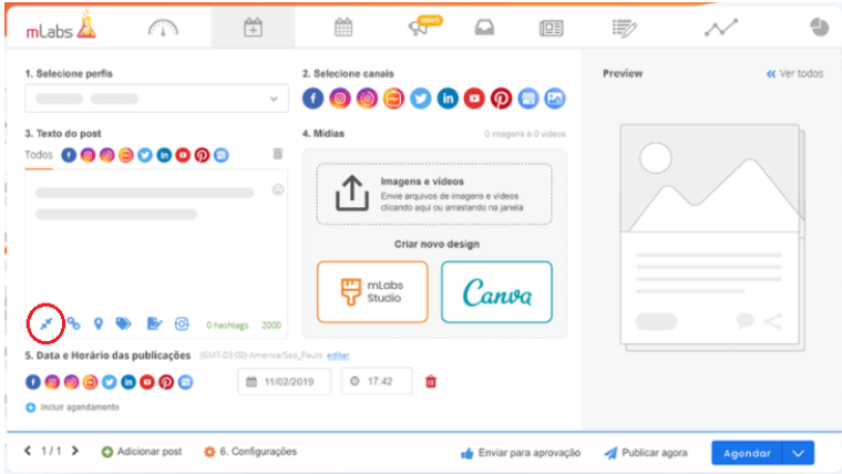 Como colocar link do Whatsapp no Instagram: a imagem mostra um print da tela interna da plataforma da mLabs dando destaque para a função de encurtar link que fica no canto esquerdo, na parte reservada para escrever a legenda da arte que será publicada na rede social.