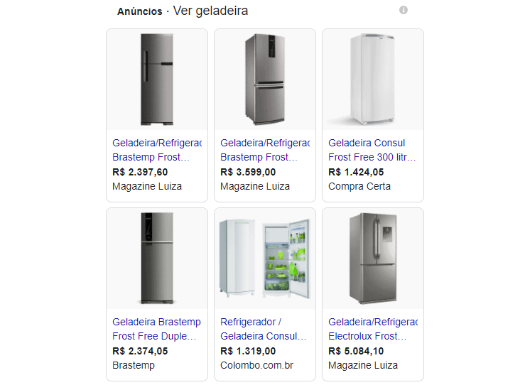 o que e google ads: imagem da tela do Google Shopping mostrando vários anúncios de geladeira