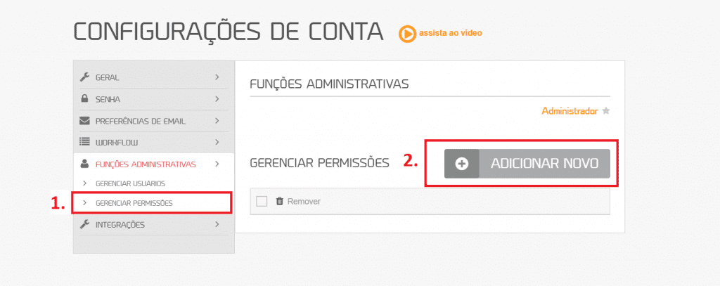 workflow mLabs: tela da plataforma da mLabs dois retângulos vermelhos destacam as opções "Gerenciar permissões" e "Adicionar Novos"