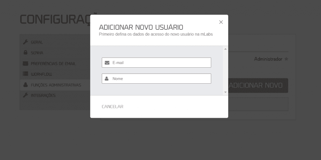 workflow mLabs: uma aba aparece sobre a tela para que você possa incluir o e-mail e o nome.
