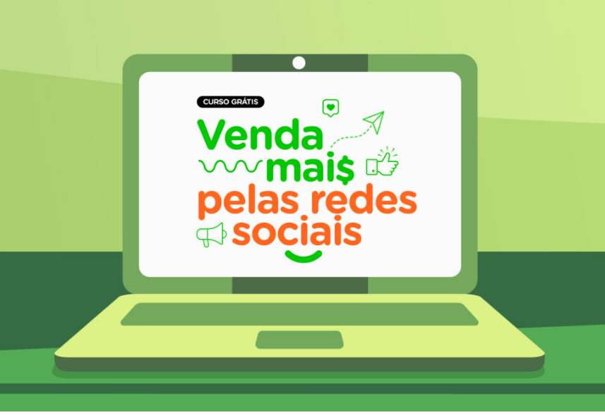 curso venda mais pelas redes sociais: imagem de um notebook desenhado ao fundo verde com o nome do curso escrito na tela
