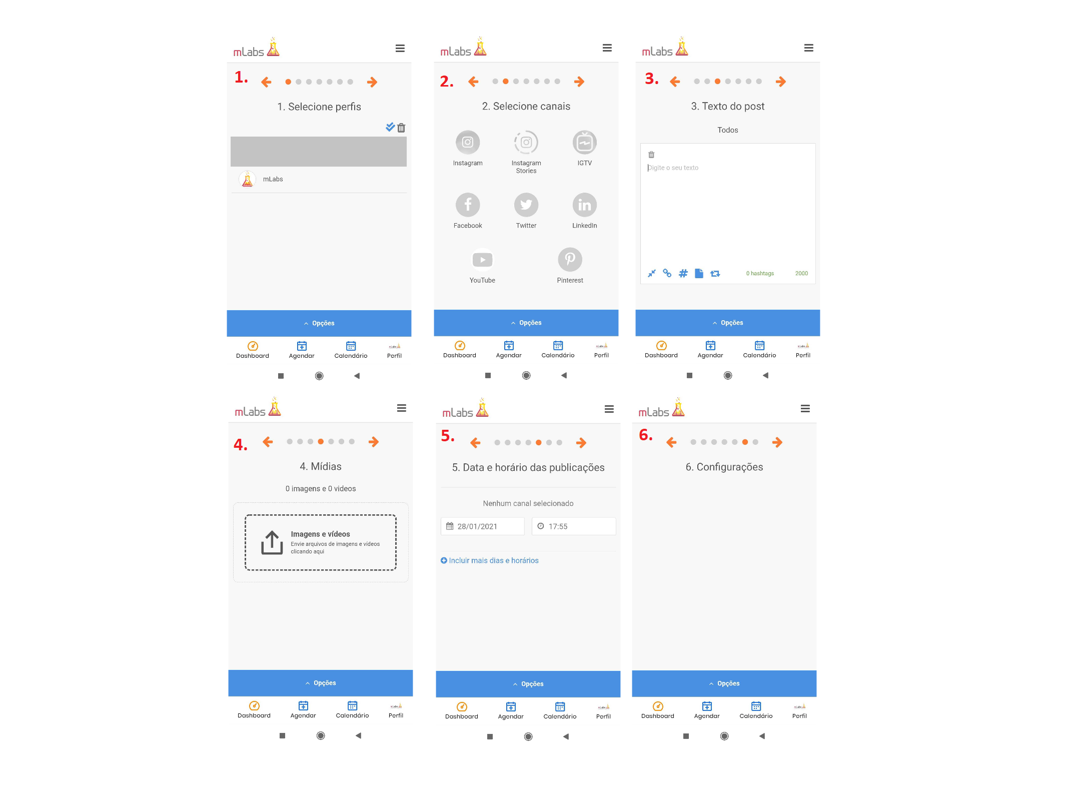 Como Postar Vídeo no YouTube: as seis telas do aplicativo da mLabs, em sequência, para fazer a publicação de conteúdo de vídeo no YouTube.