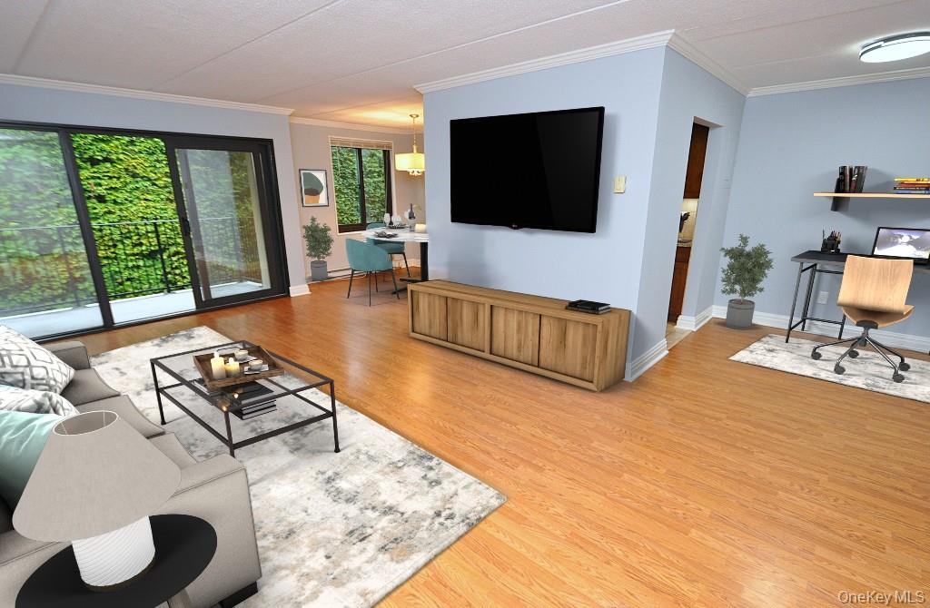 Welcome to Oak Hill Condominium in sought-after Colonial Heights! This spacious 1-bedroom, 1-bath condo offers the perfect blend of comfort and convenience with tranquil wooded views. The large kitchen has maple cabinetry, granite countertops, and stainless steel appliances and is flanked by the dining area on one side and a home office area on the other. A sun-filled living room with crown moldings and an open to the dining area as well and provides an elegant setting, while hardwood floors flow throughout most of the home. Right off the living room enjoy a private terrace with new sliding glass doors, ideal for morning coffee or evening dining. The bedroom boasts brand-new carpeting, Freshly painted and move-in ready! This well-maintained complex offers an assigned parking space (#121), a large outdoor pool, a fitness room, and a laundry room on the same floor. Pets are welcome. Just a short walk to the Tuckahoe Metro North station, with a quick commute to Grand Central in under 30 minutes. Enjoy the nearby Bronx River Pathway for walking and biking, and take advantage of Tuckahoeâ€™s shops and restaurants, all in a quiet cul-de-sac location with an urban-chic feel close to everything.