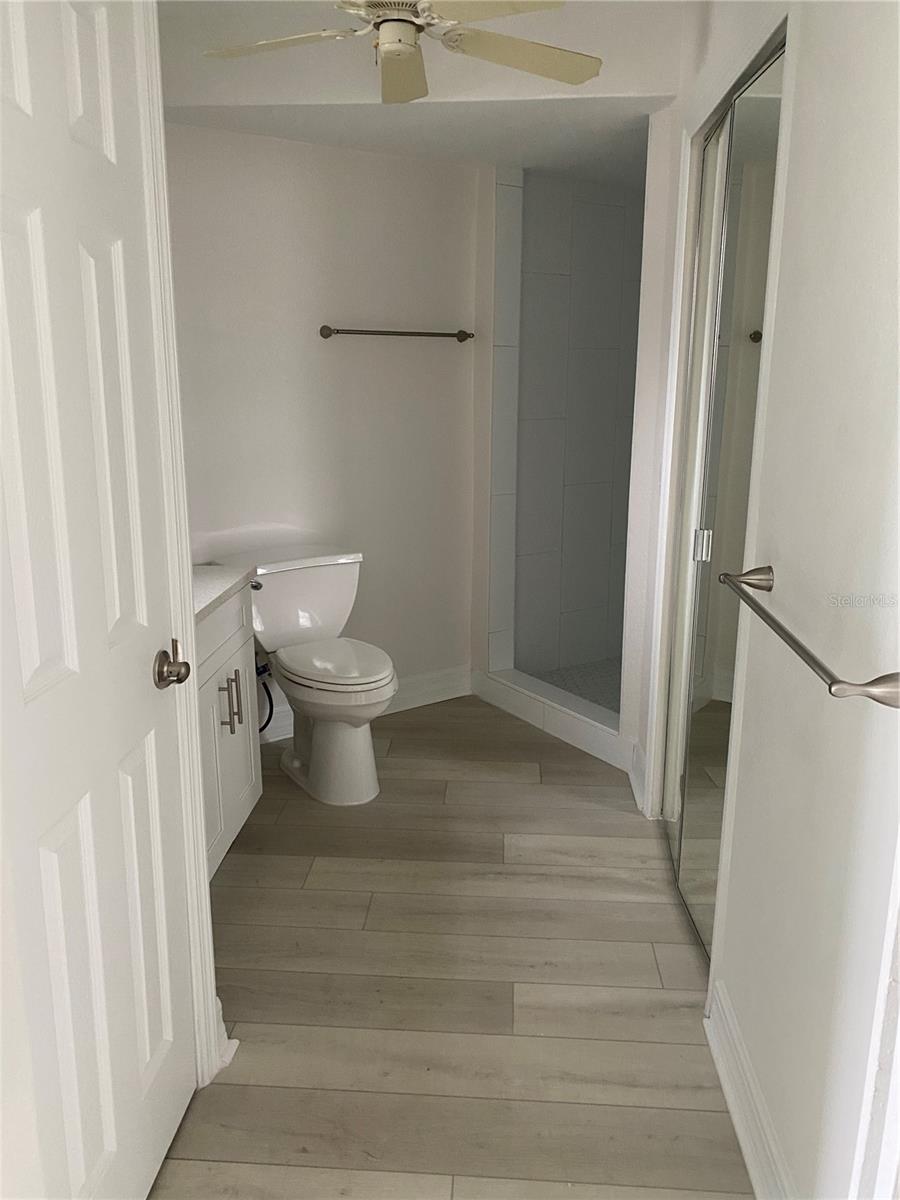 Updated bath, closet behind mirrored door.