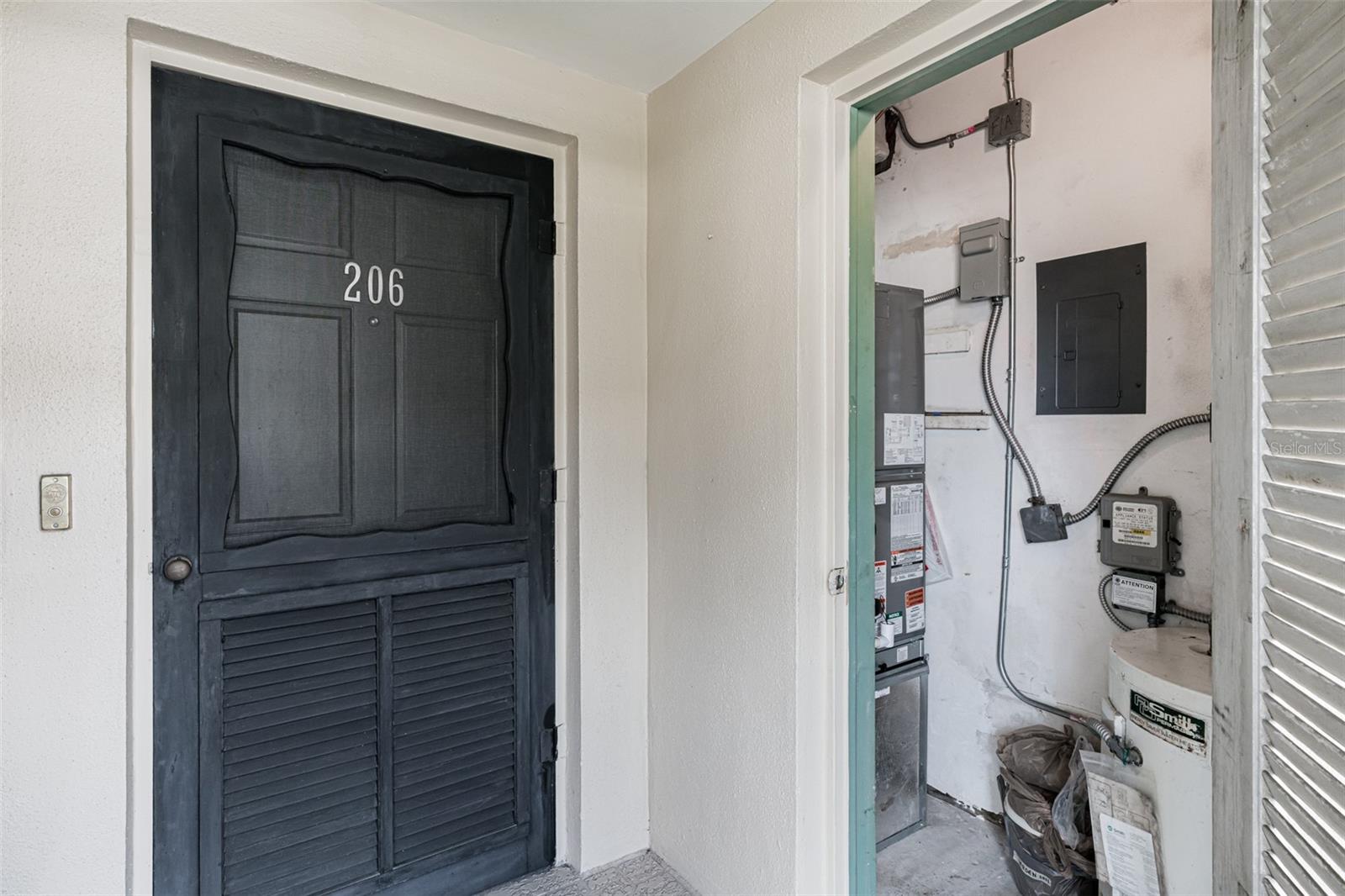 Front entrance with utility closet