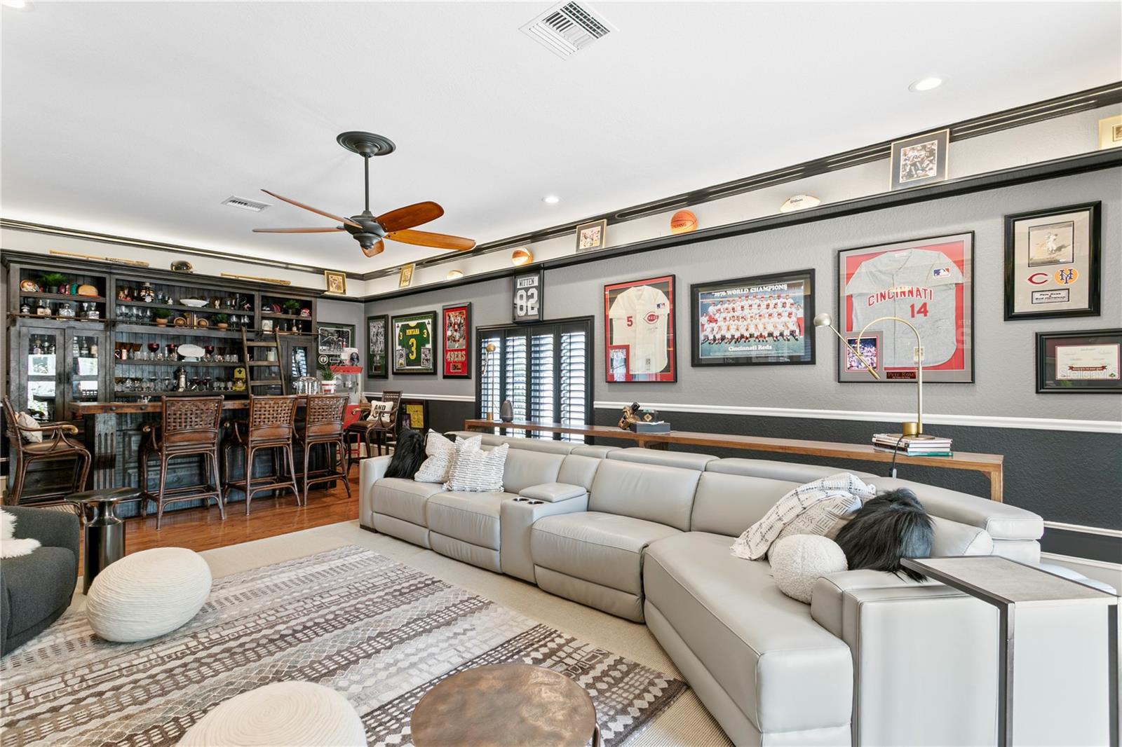 High ceilings and recessed lighting throughout home.