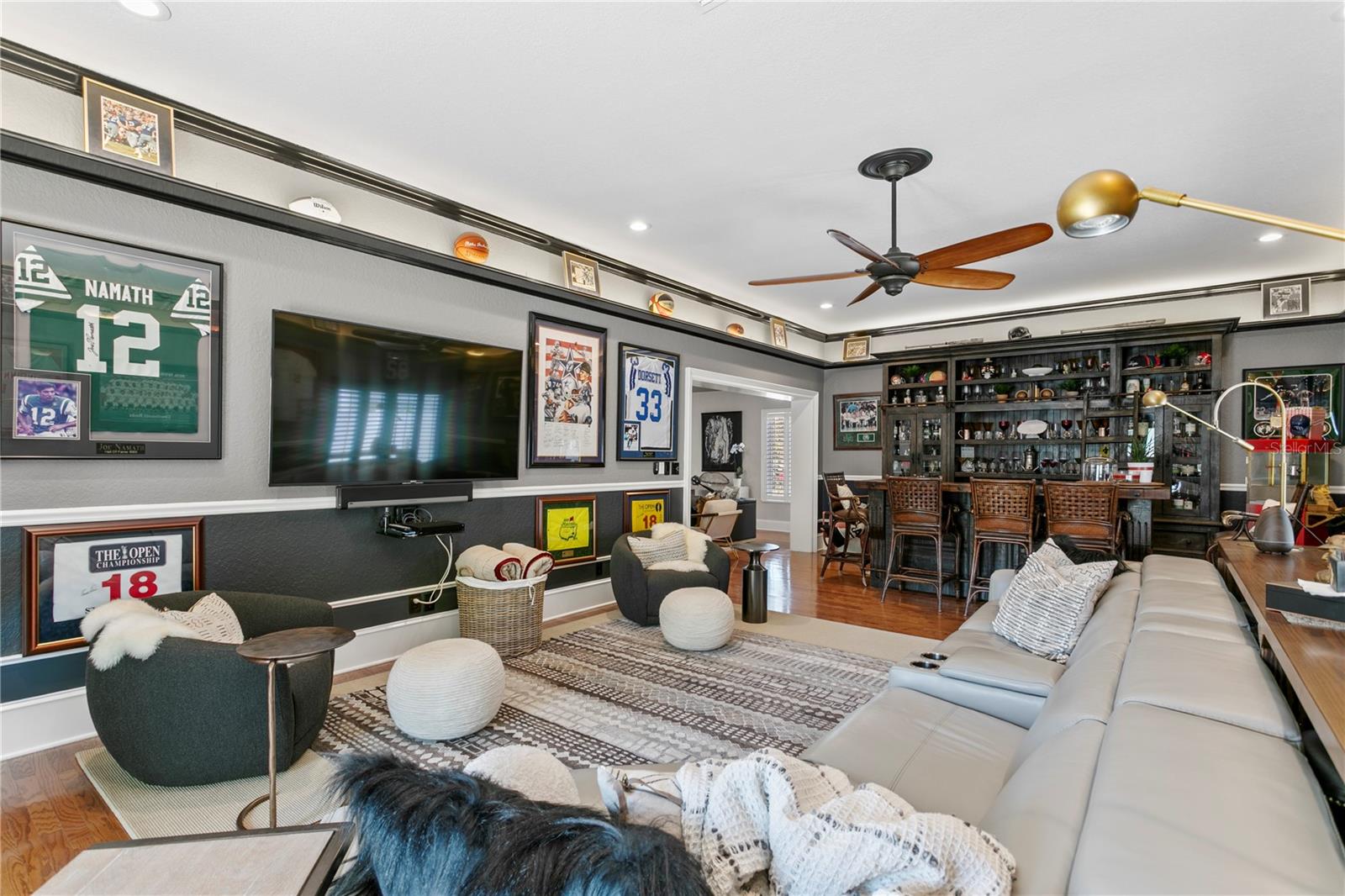 Great room with lighting and display shelving, a great place to watch the game!