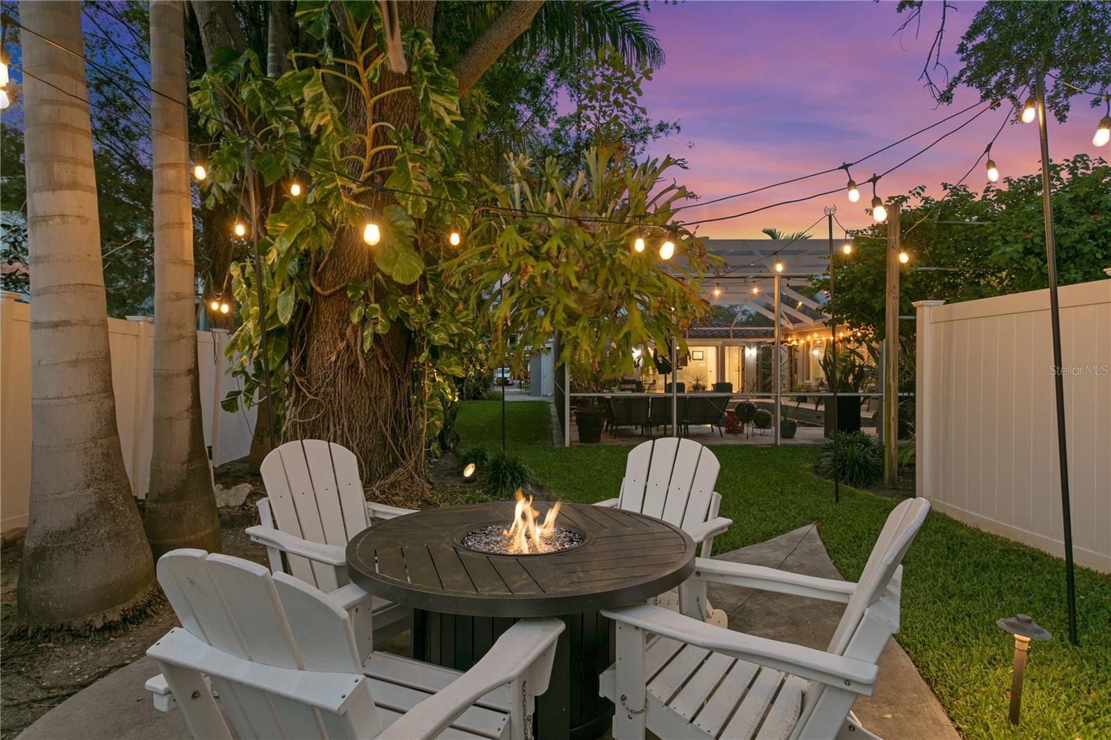 Twinkle lights add to the charm of the outdoor area.