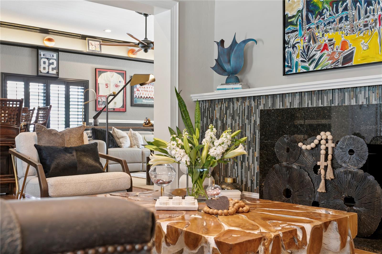 The well planned living room has a gas fireplace.