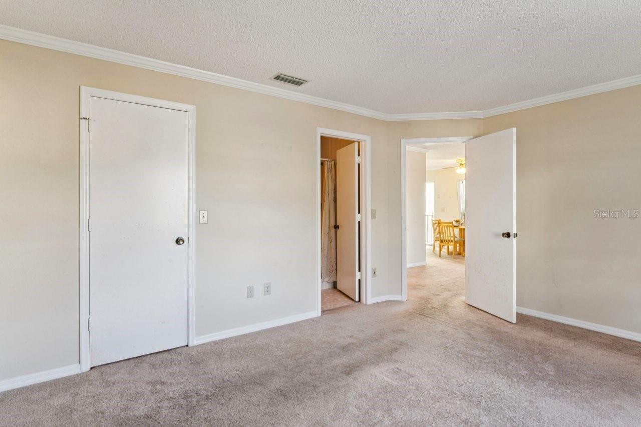 This is the primary bedroom, featuring a view of the entrance door, the bathroom door, and a walk-in closet on the left side..