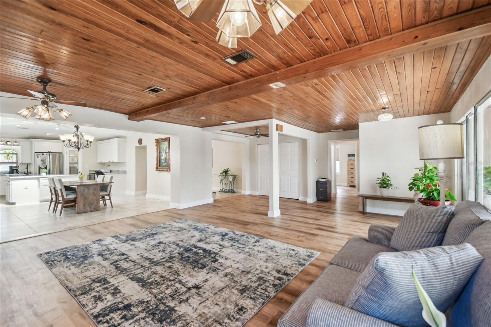 Family room overlooking dining area and kitchen