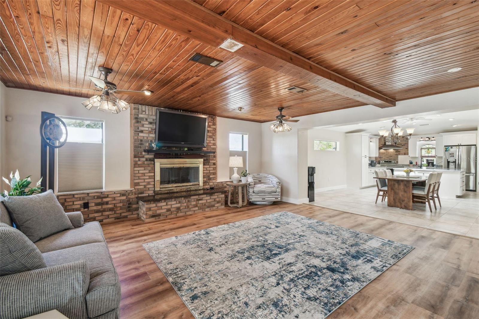 Family room overlooking dining area and kitchen