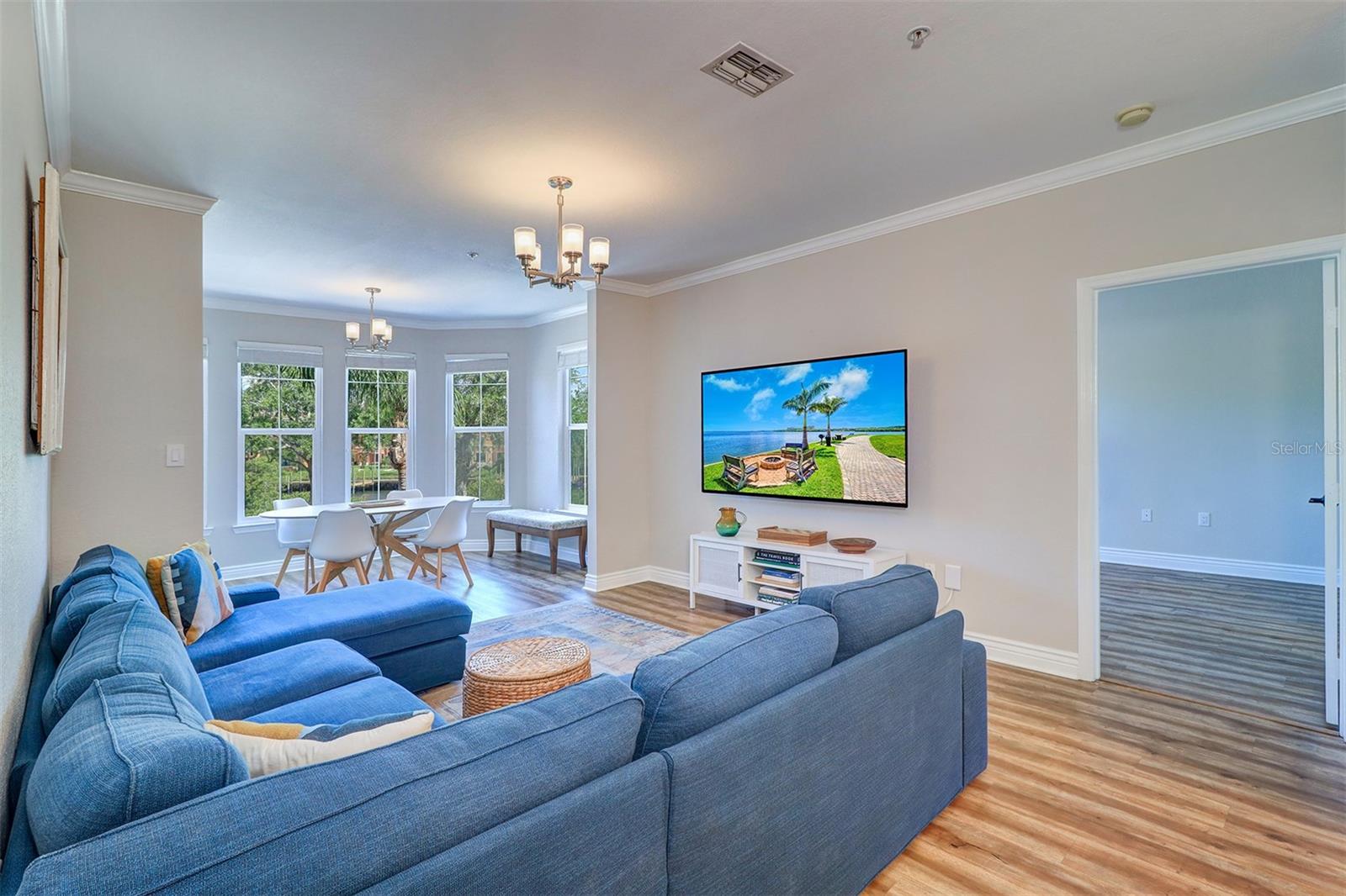 Open floor plan showing the living and dining rooms