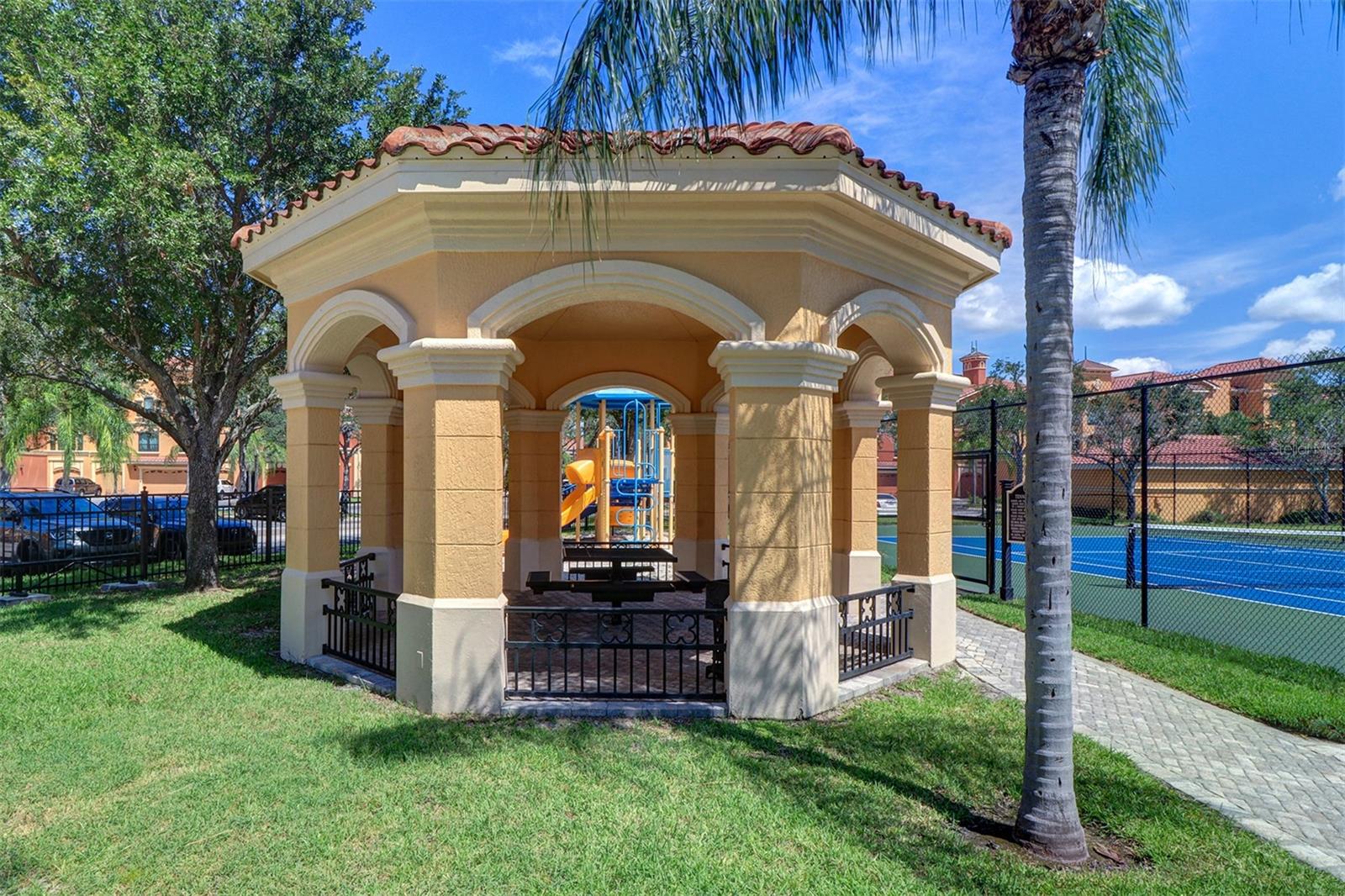 gazebo located next to tennis court playground and the sand volleyball areas