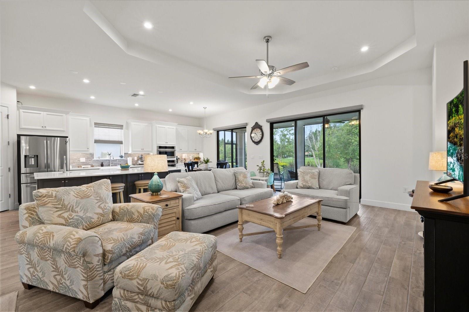 Grand salon and kitchen shows open floor plan