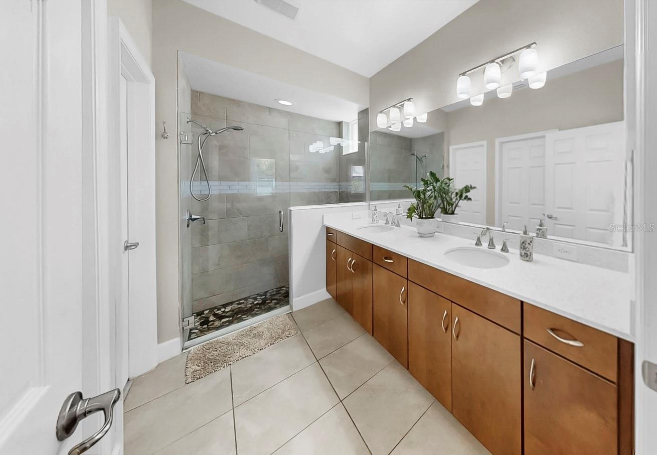 Primary Bathroom: Downstairs ; Double Sinks ; Walk-In Shower