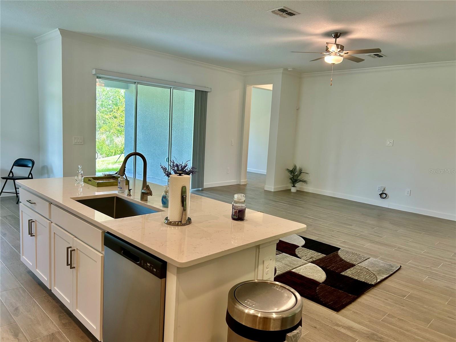 Family Room and Cooking Island w/Quartz Countertops