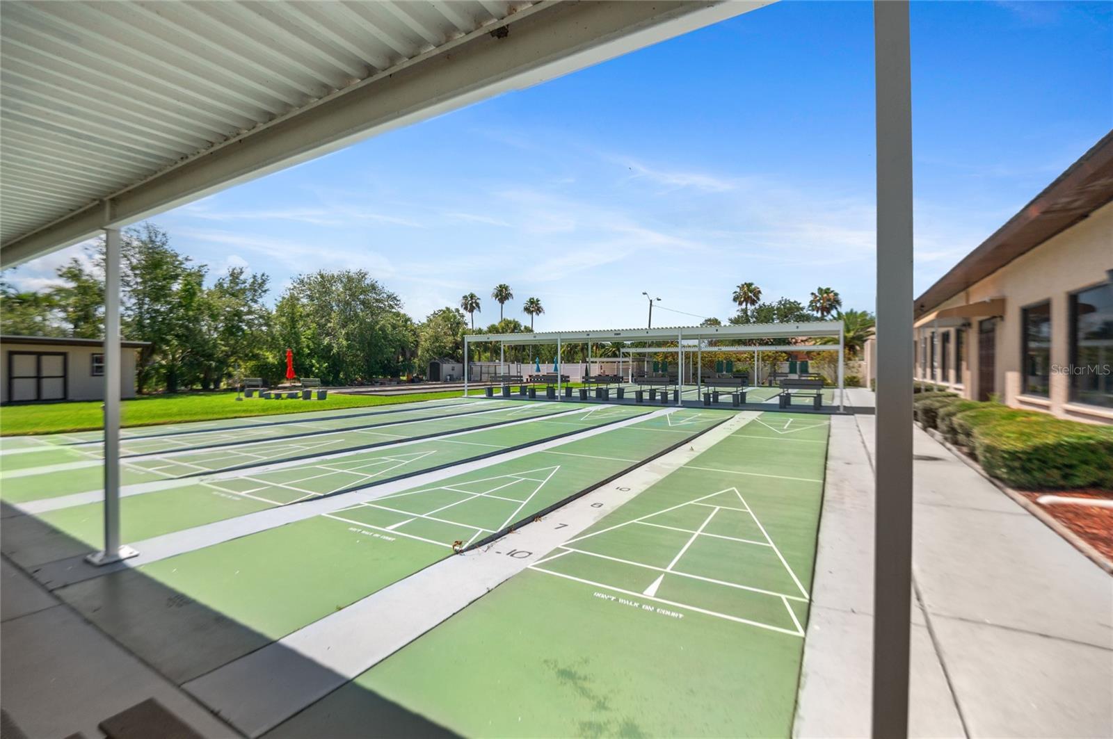 Twelve shuffleboard courts allow for fun or competitive play