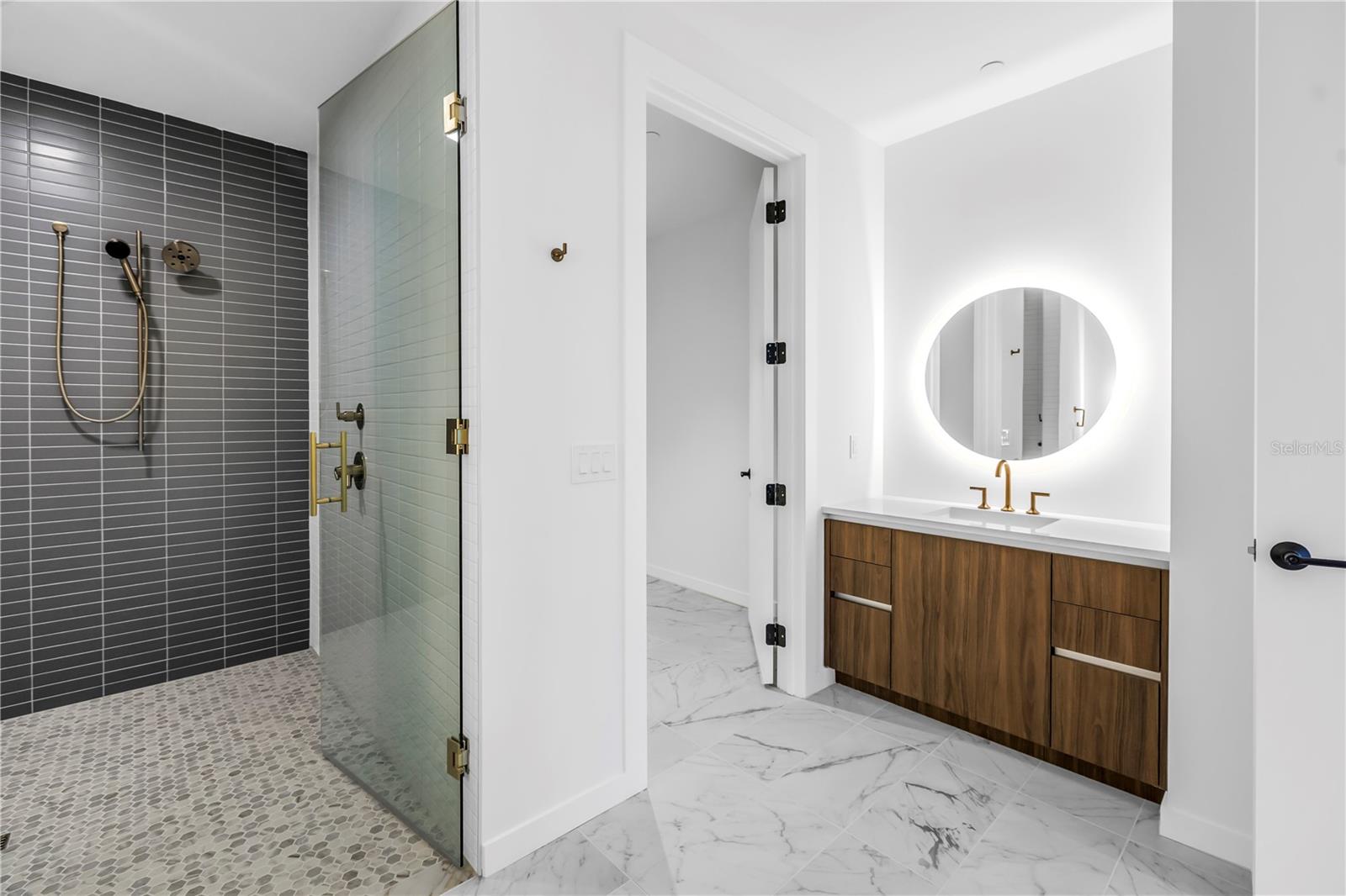 primary bathroom , opposing vanities, large shower room