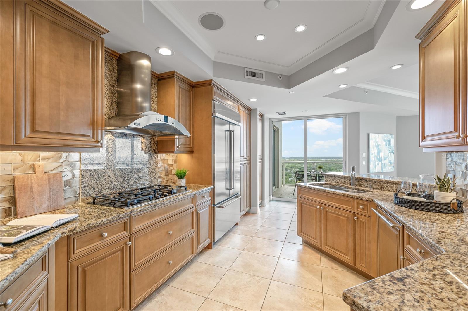 The kitchen has a gas range.