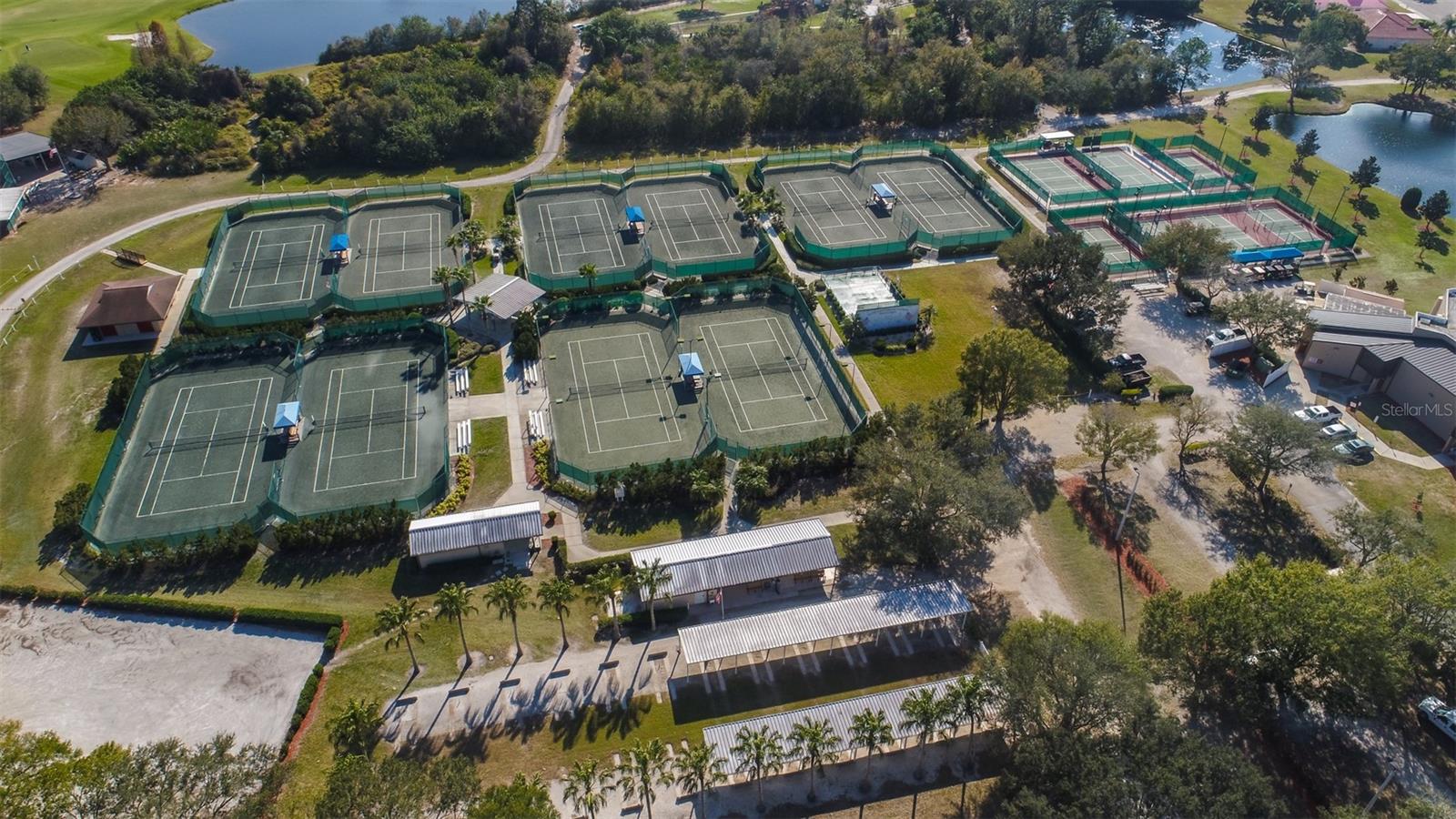 Ariel view of pickleball and tennis courts.
