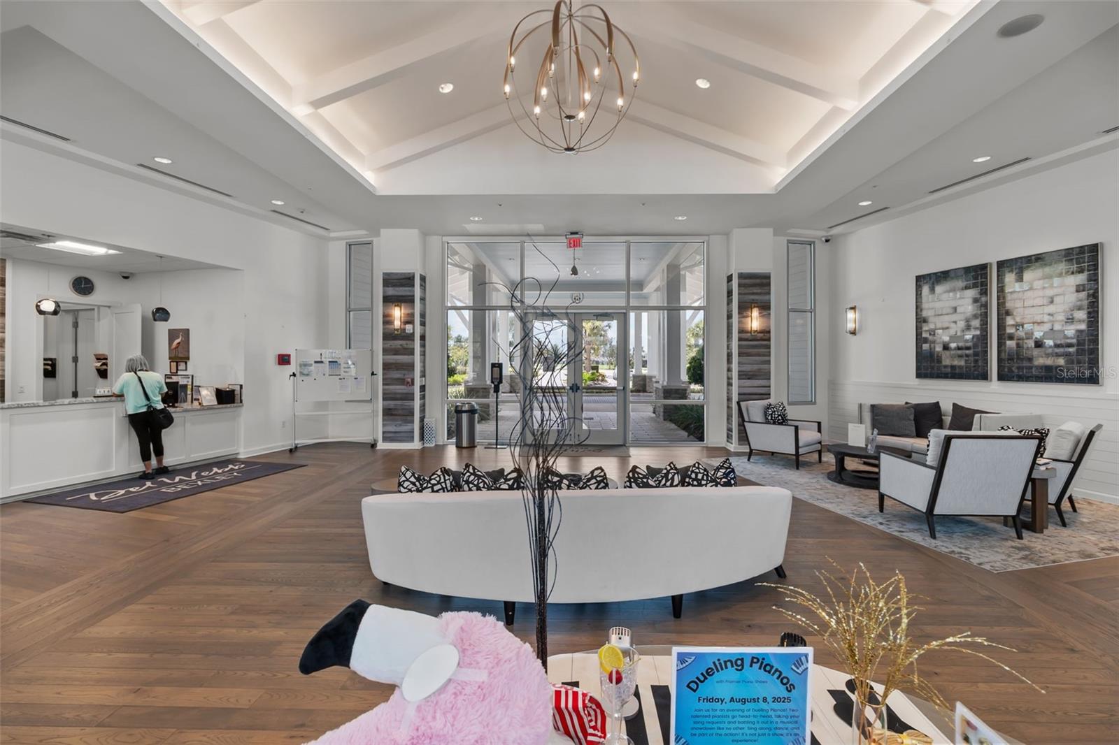 Grand clubhouse entrance with modern design.