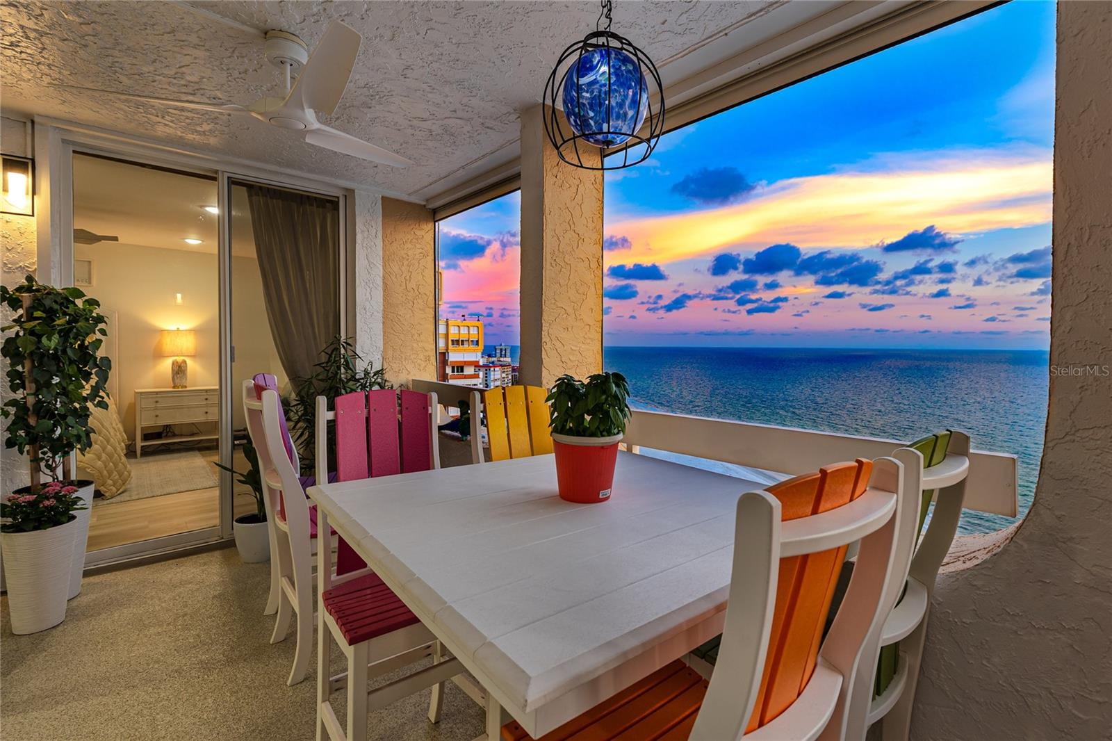 Balcony at sunset at 17940 Gulf Blvd, #17C, Redington Shores, FL 33708