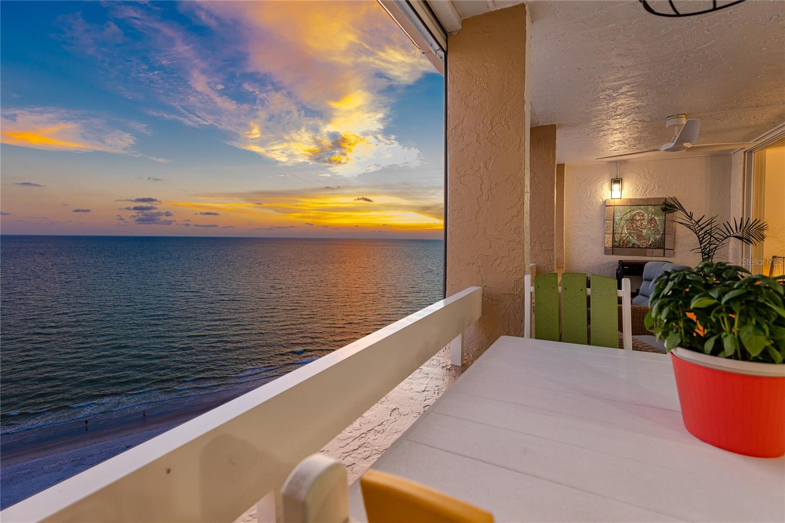 Balcony at sunset at 17940 Gulf Blvd, #17C, Redington Shores, FL 33708