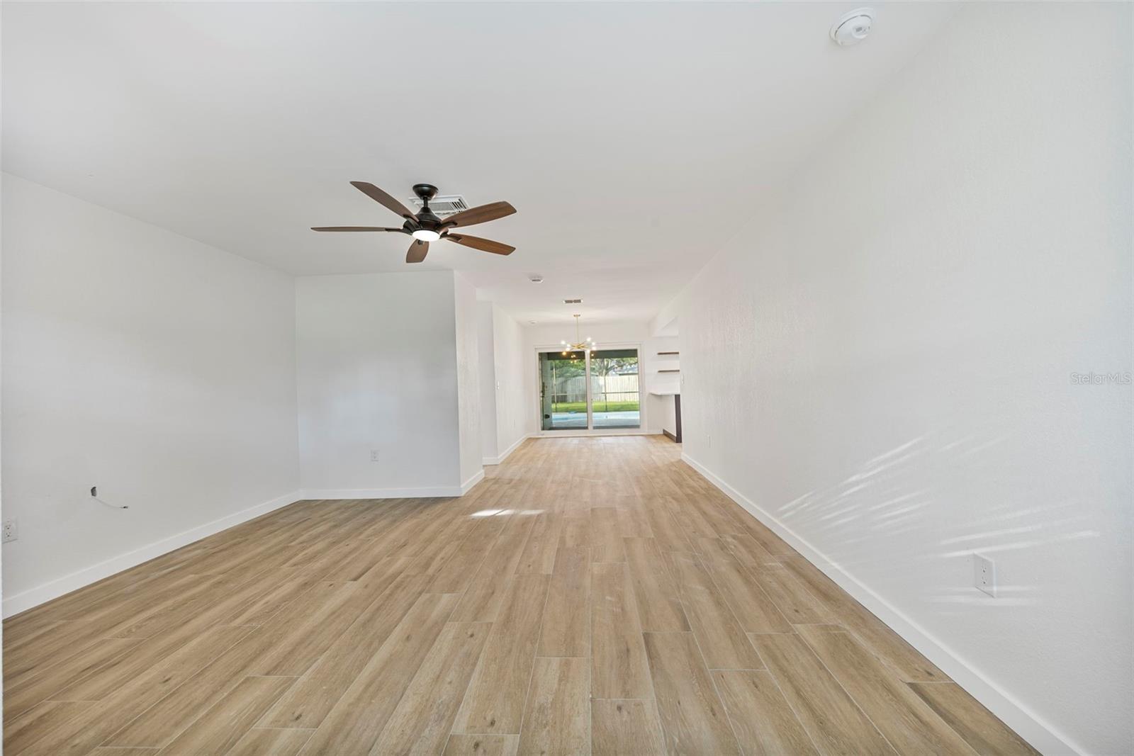 The living room looking into the dining space