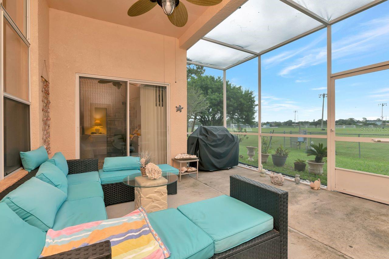 Comfortable Patio with ceiling fan.