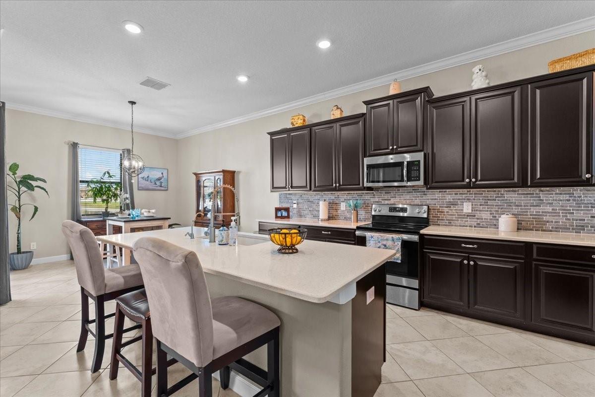 White Quartz island and eat in kitchen. Crown Molding throughout