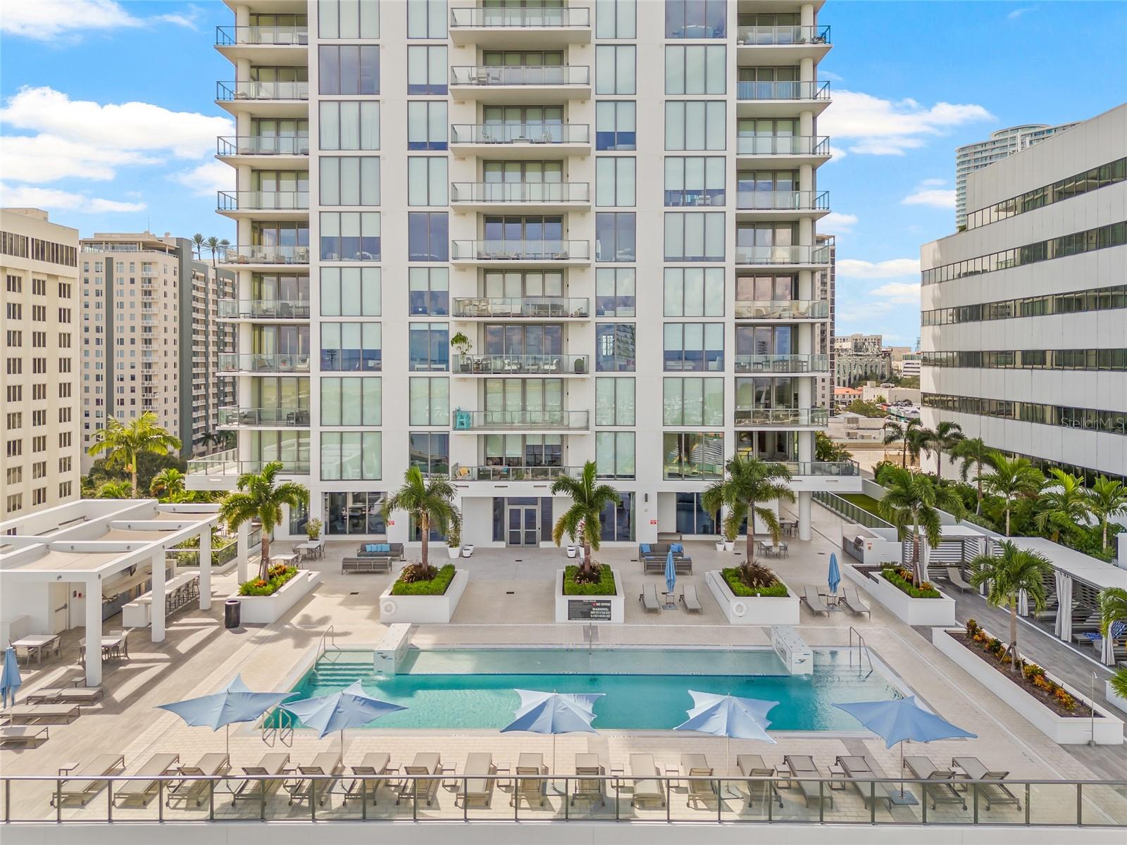 Lovely pool deck on the 7th floor.  It has cabanas on the right and a barbecue area on the left along with outdoor dining.