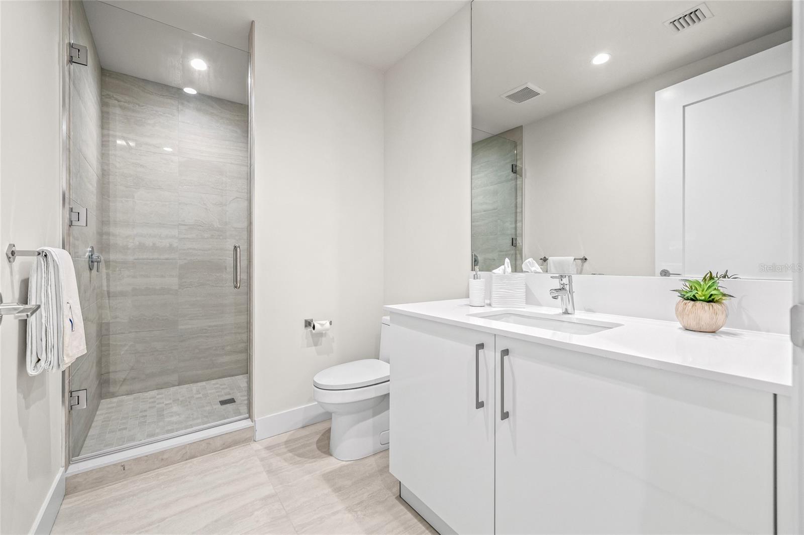 The hall bathroom, conveniently located and offers a spacious vanity with ample counter space and a walk-in shower—perfect for guests.