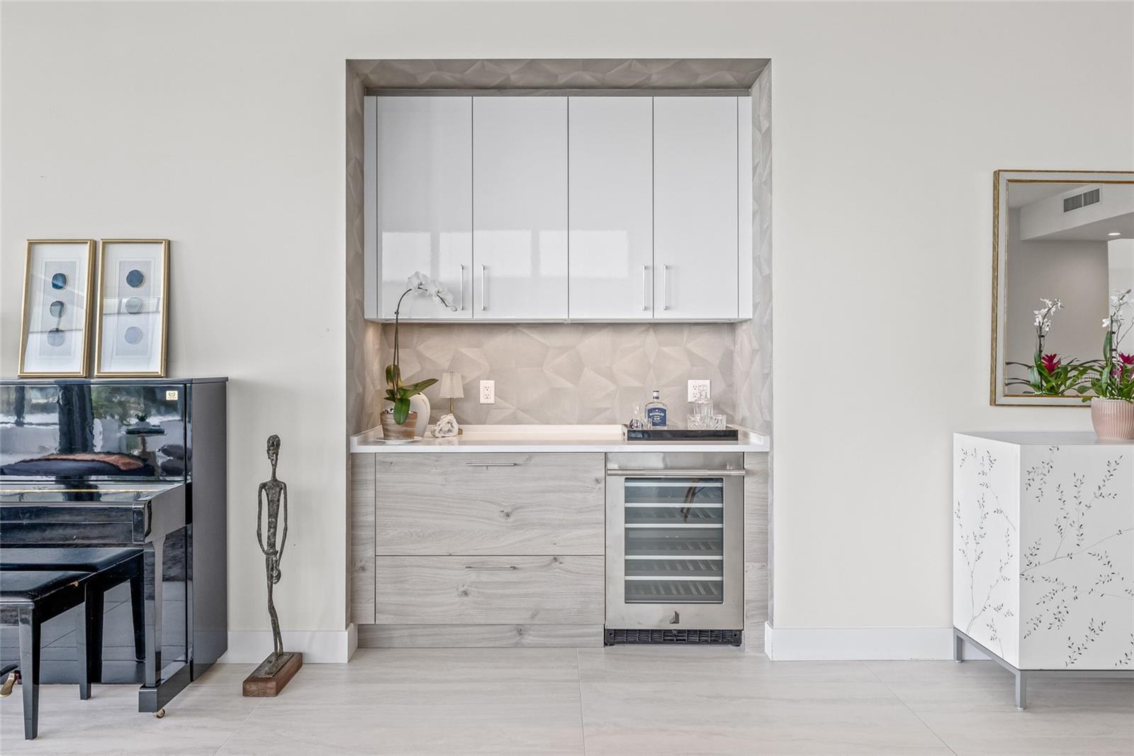 Dry Bar with Wine Refrigerator, roll out drawers and upper cabinets