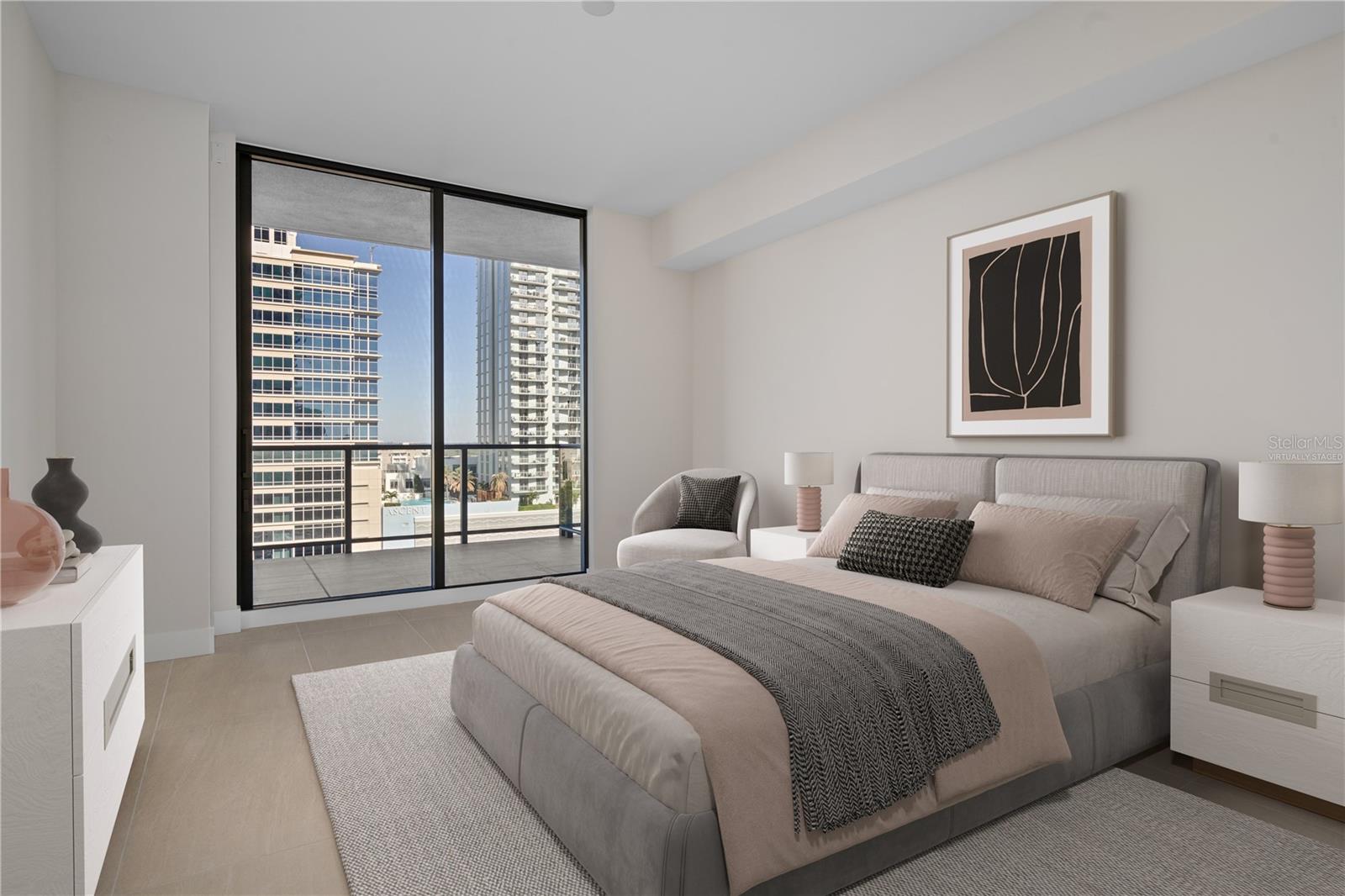 Primary Bedroom w/ Balcony Access. Virtually Staged