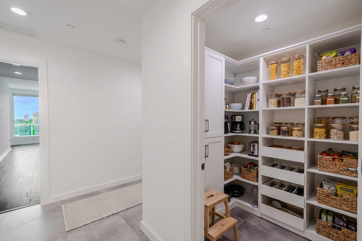 Spacious walk-in pantry with custom built-in shelving, ample storage, and pull-out drawers for easy organization. Clean white cabinetry and adjustable shelves provide both functionality and a polished, modern look.