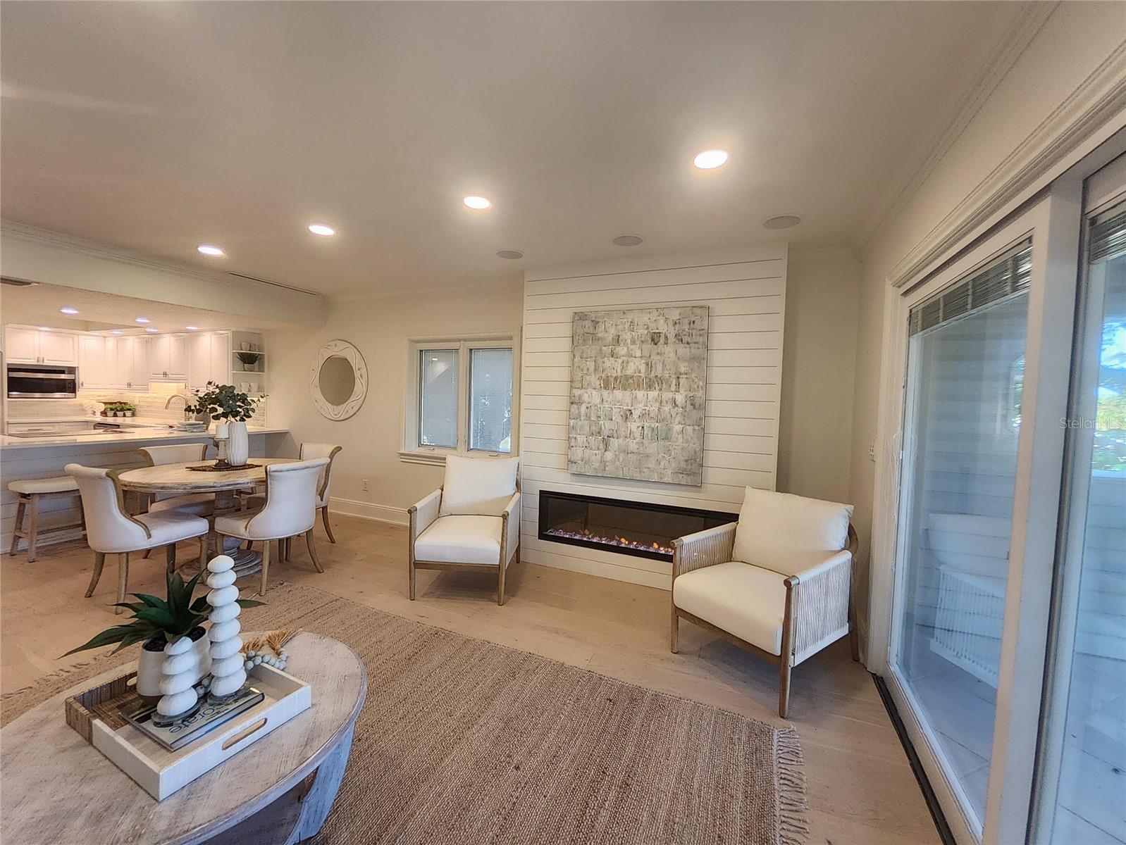 Stylish electric fireplace with ship lap