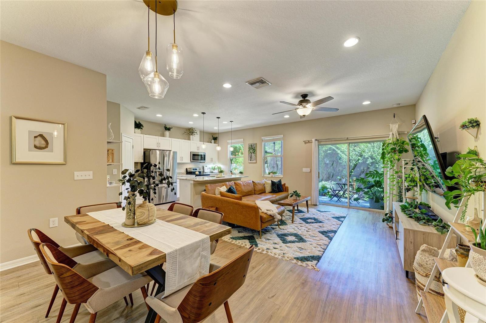 Kitchen, great room, and dining area are all open