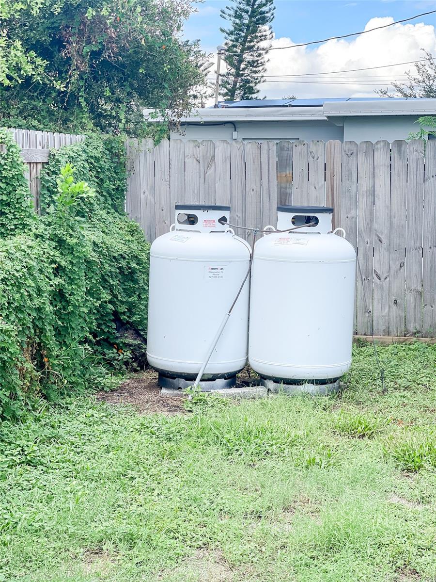 The generator is powered by two propane tanks in the back yard.