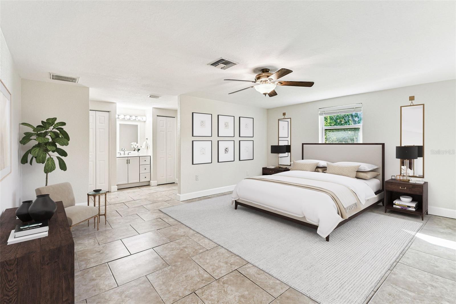 Tranquil Primary Bedroom with two closets - Staged