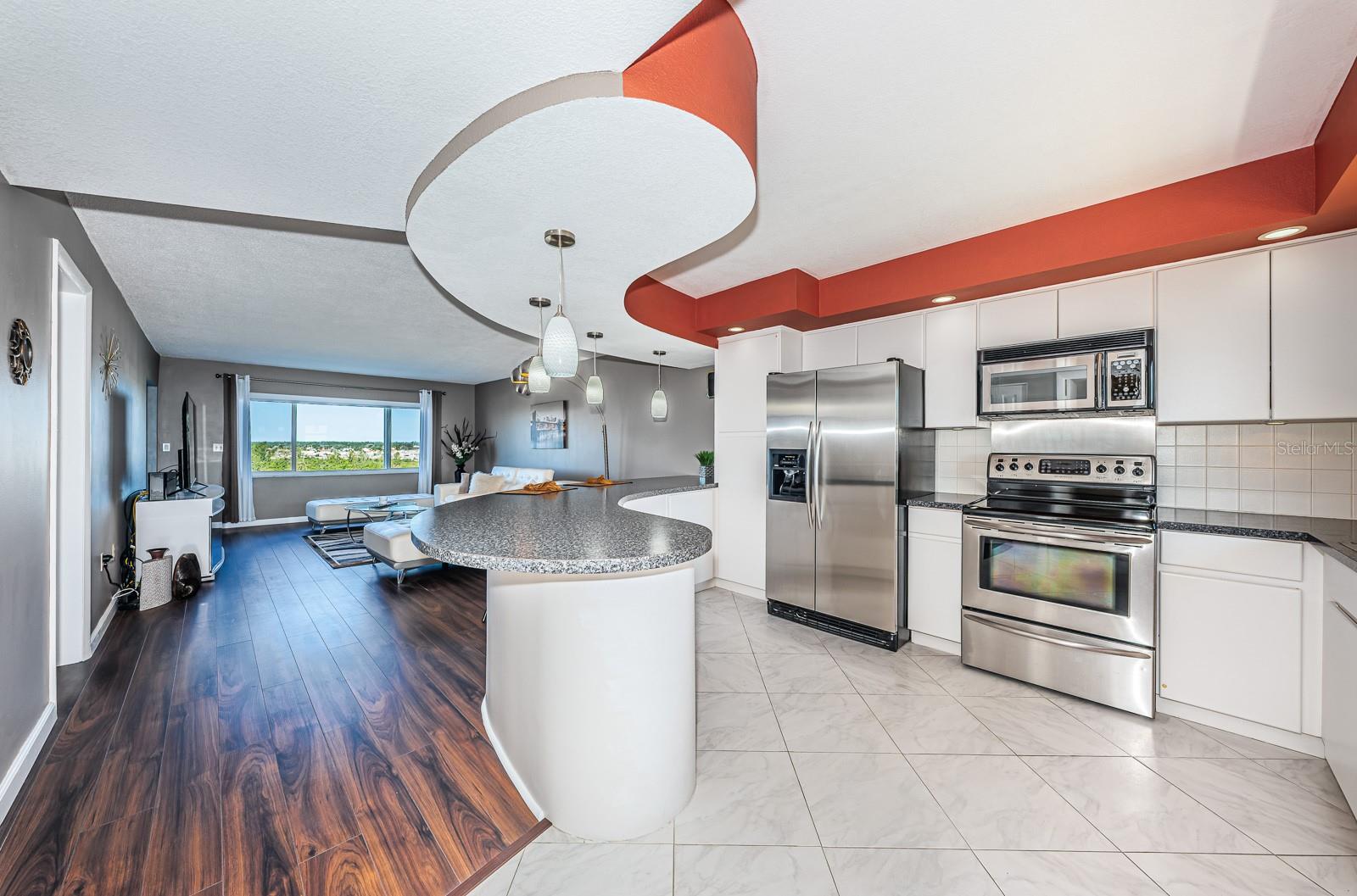 Kitchen completed update with HUGE breakfast counter, stainless steel appliances